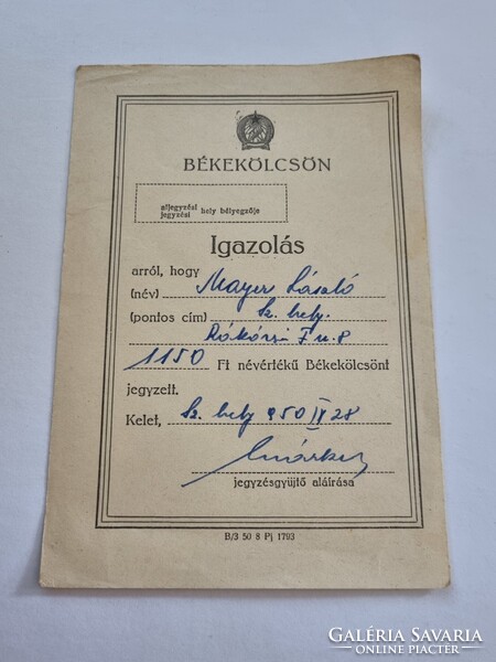 Békekölcsön igazolás 1950 - régi irat