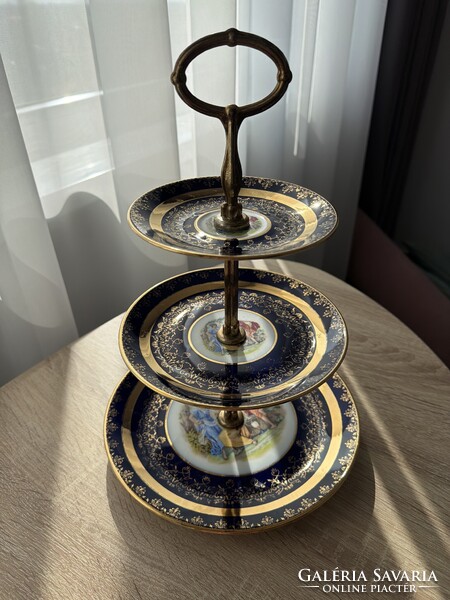 Beautiful Czechlovák 3-tiered cobalt blue porcelain serving dish with scenes.