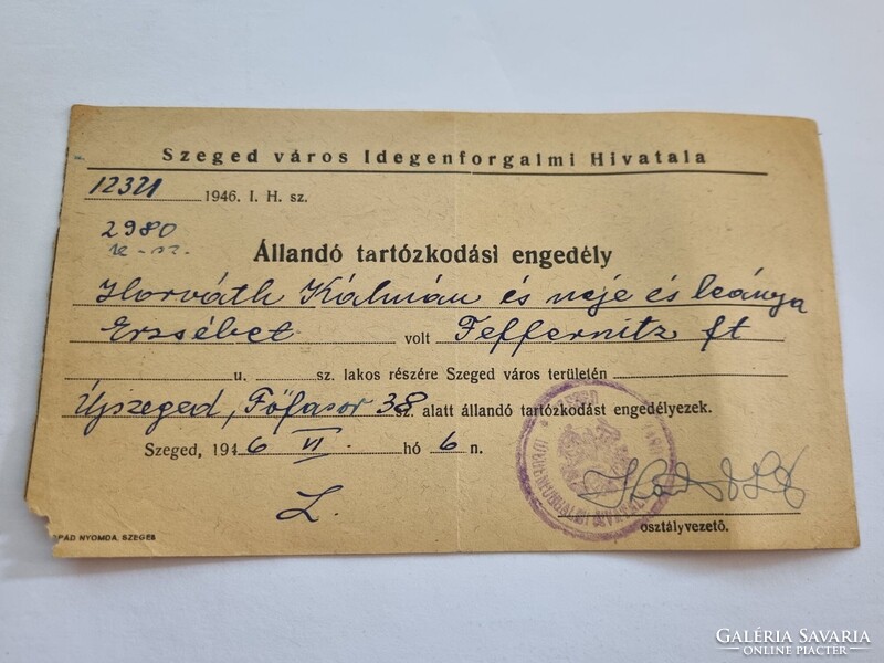 Állandó tartózkodási engedély - Szeged város Idegenforgalmi Hivatala 1946
