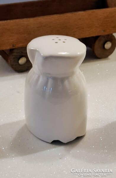 Retro porcelán fűszertartó készlet eredeti fa talicskában – libás konyhai dekor