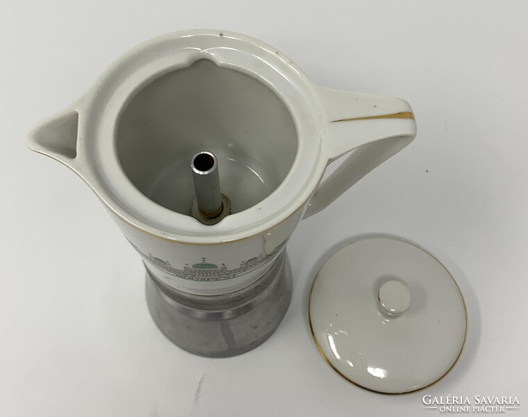 Retro kotyogós 2 szem. kávéfőző porcelán kiöntővel, Budapest Parlament látképpel RZ