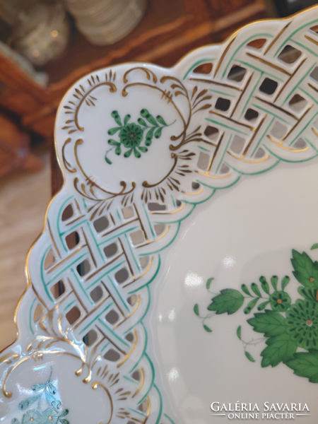 HIBÁTLAN! Herendi porcelán zöld Apponyi mintás áttört kínálótál asztalközép tálka