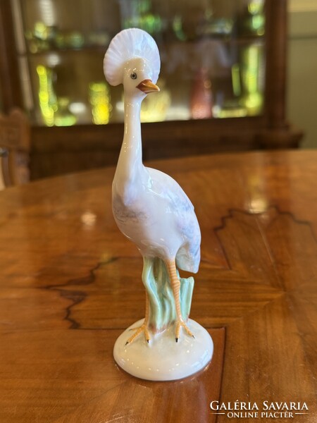 Ritka, nagy méretű Art Deco Drasche koronás daru porcelán figura vitrin állapotban - 101-09