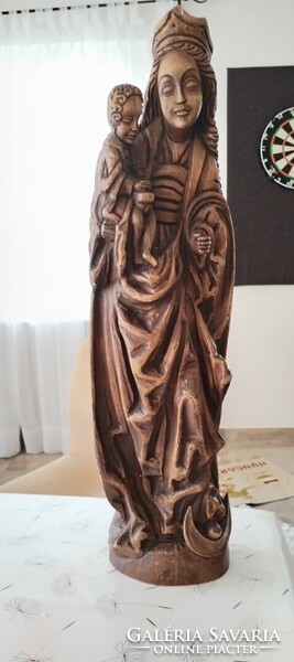 Mária a Kisjézussal kézzel faragott fa szobor, falidísz nagy méret (75 cm)