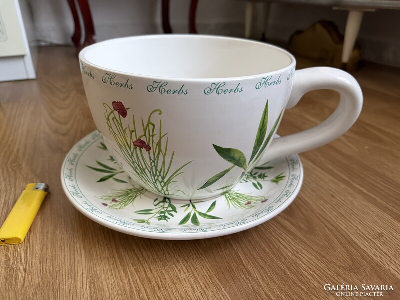 Large vintage mug with flower pot and saucer