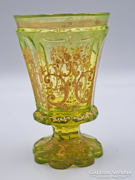 Antique uranium green Biedermeier footed decorative glass, hand-painted gold floral pattern, 1850, flawless