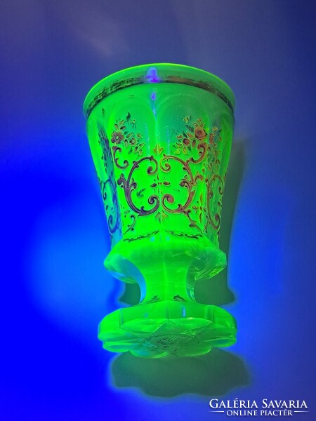 Antique uranium green Biedermeier footed decorative glass, hand-painted gold floral pattern, 1850, flawless