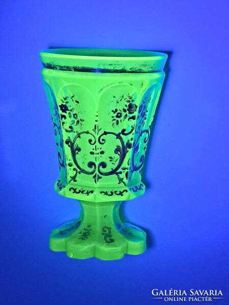 Antique uranium green Biedermeier footed decorative glass, hand-painted gold floral pattern, 1850, flawless