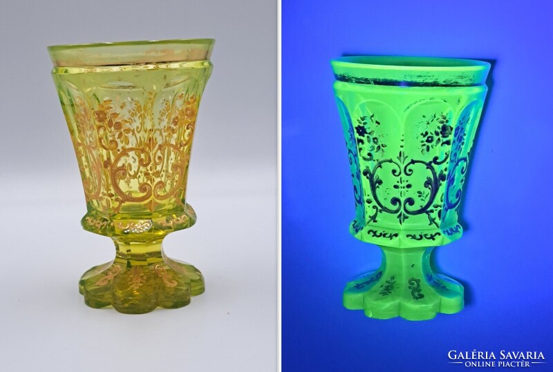 Antique uranium green Biedermeier footed decorative glass, hand-painted gold floral pattern, 1850, flawless