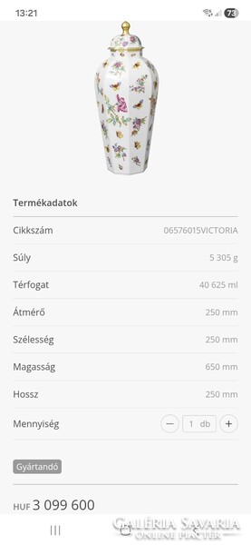 RITKA!! NAGY MÉRETŰ!! 65 cm, Herendi Viktória VBO, fedeles nyolcszögletű porcelán váza, jelzett