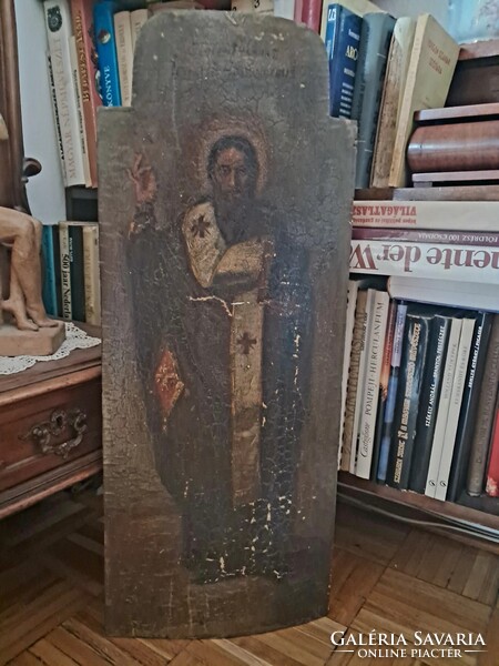 Large Antique Orthodox Icon on Wood Panel – St. Basil the Great (80 x 40 cm, 19th century)