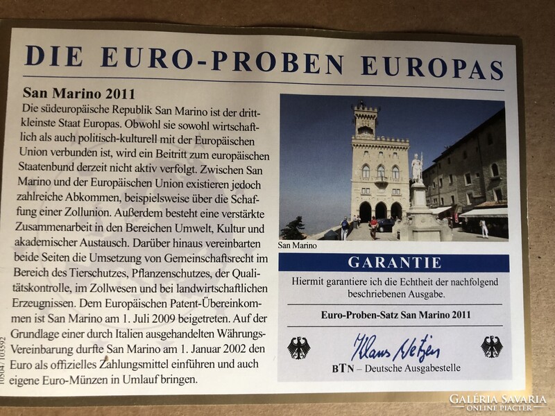 San Marino Euro Forgalmi sor 2011 Próba tervezet , 8 darab érme
