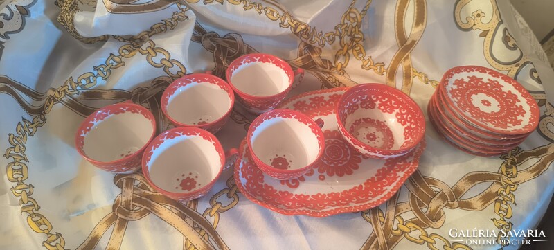 Retro Iris Cluj (Kolozsvár) kézzel festett porcelán teáskészlet tálcával (hiányos)