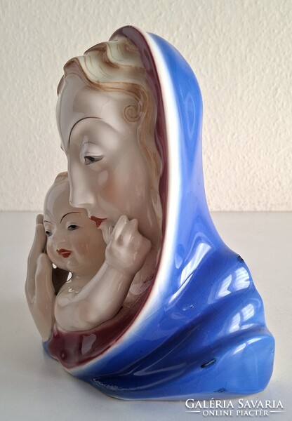Art Deco kerámia szobor, Madonna gyermekkel, Bihl kerámia, 1920-as évek
