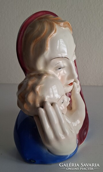 Art Deco kerámia szobor, Madonna gyermekkel, Bihl kerámia, 1920-as évek