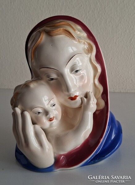 Art Deco kerámia szobor, Madonna gyermekkel, Bihl kerámia, 1920-as évek
