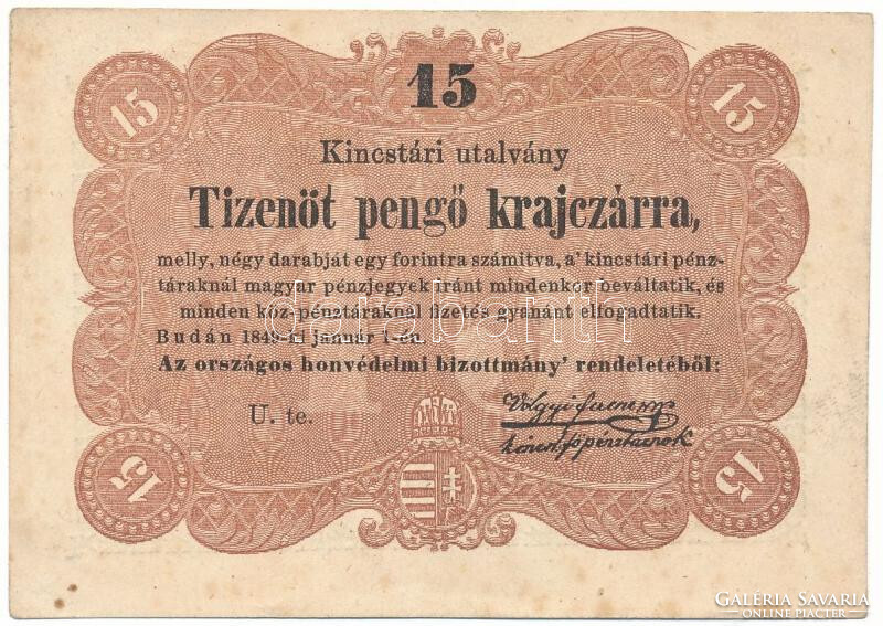 15 tizenöt pengő krajczárra krajcárra 1849 Kossuth bankó 4. hajtatlan foltok