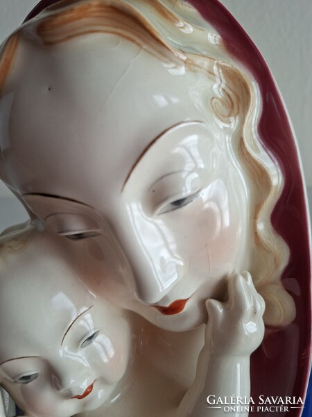 Art Deco kerámia szobor, Madonna gyermekkel, Bihl kerámia, 1920-as évek