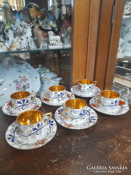 Oepiag-Pirkenhammer Fischer & Mieg 1920-1938,Kézi Festett,Aranyozott,6 Személyes Mokkás,Kávés Szett.
