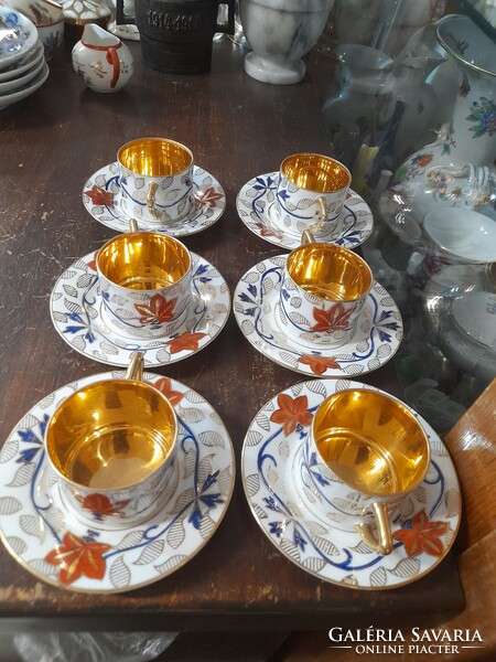 Oepiag-Pirkenhammer Fischer & Mieg 1920-1938,Kézi Festett,Aranyozott,6 Személyes Mokkás,Kávés Szett.