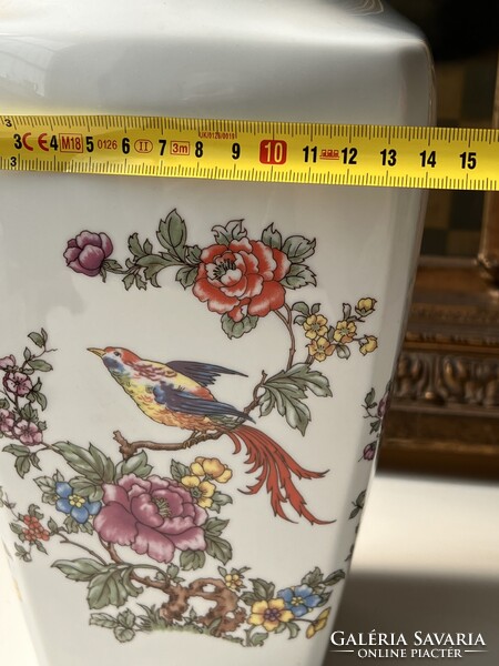 Antik vintage nagyméretű gazdagon díszített Hollóházi porcelán paradicsommadaras virágos váza
