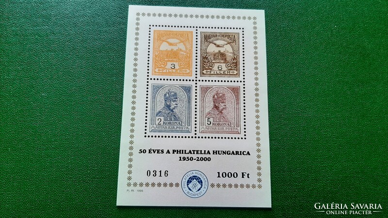 Emlékív 1999 50 éves a Philatelia Hungarica  ** Kat: 5000 Ft gumitörés