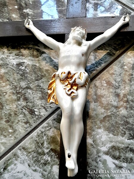 Antik fa feszület porcelán Krisztussal gyönyörű nagy méretű