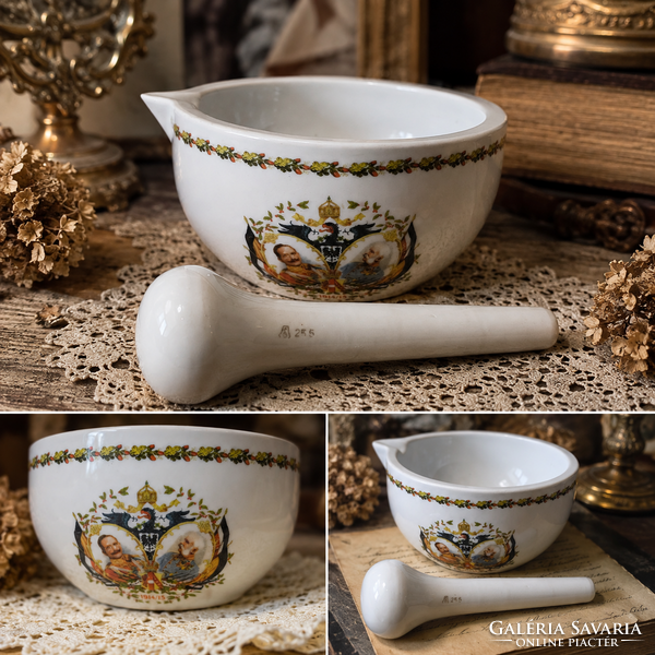 Nagyméretű,  27 cm KŐPORC laboratóriumi porcelán mozsár I. Ferenc József és II. Vilmos portréjával