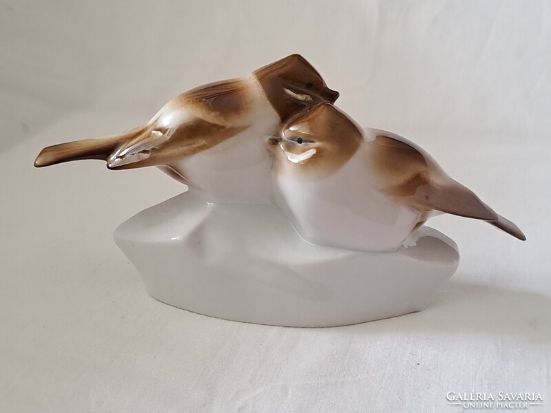 Szép festésű, Zsolnay cinke / cinege páros porcelán figura, Sinkó András terve