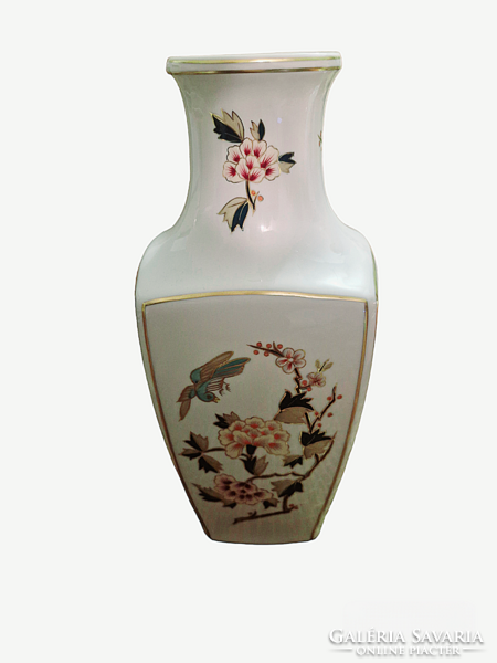 HOLLÓHÁZI PORCELÁN VÁZA 30 CM – PARADICSOMMADÁR, VIRÁGMINTA, ARANYOZOTT, HIBÁTLAN