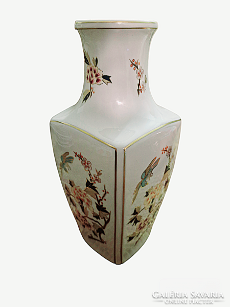 HOLLÓHÁZI PORCELÁN VÁZA 30 CM – PARADICSOMMADÁR, VIRÁGMINTA, ARANYOZOTT, HIBÁTLAN
