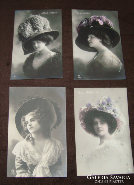 4 antik kalapos nő fotólap 1910-es évek Divat