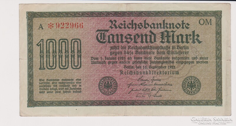 Német Birodalom 1000 márka 1922  VF+   ropogós  bankjegy