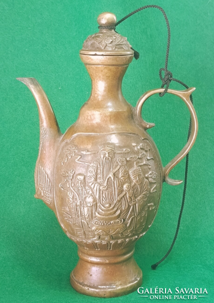 Antique Signed Chinese Bronze Jug – Richly Relief Decorated with Blessings from the 19th Century