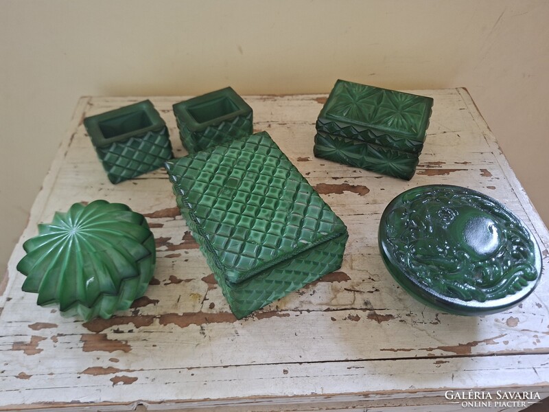Old Czech Malachite Glass Collection 6pcs