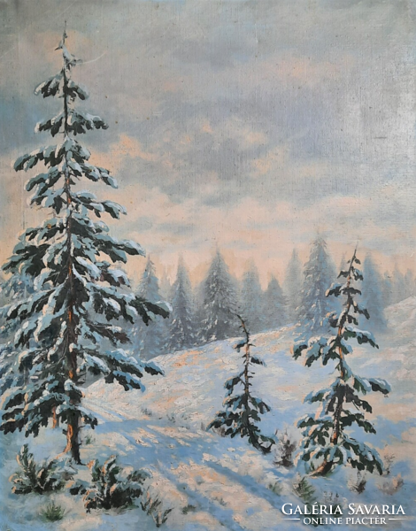 Winter Trees (oil, canvas, 62x50 cm) sunny snowy landscape with pine trees