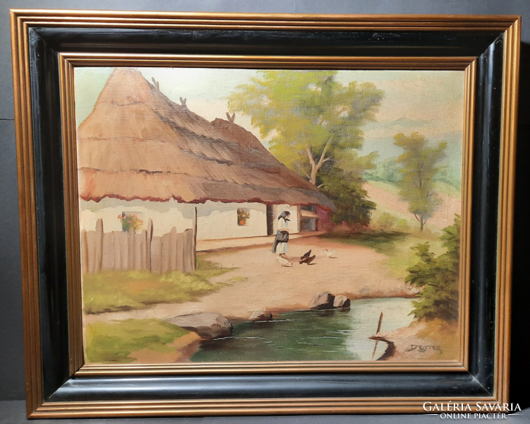 Courtyard of a thatched cottage (framed oil painting) unidentified signature, village life scene, roosters, hens