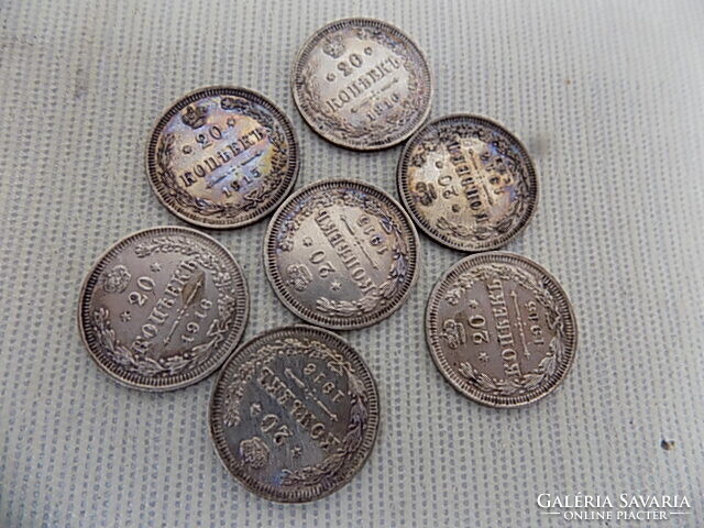 7 db. orosz 20 kopejka 1914 ,1915, 1916-os évek, extra állapot.