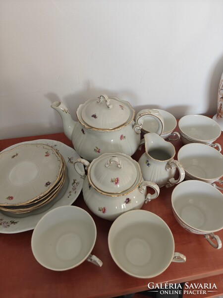 Antik Zsolnay barokk porcelán teáskészlet – apró virágmintás, arany tollazott