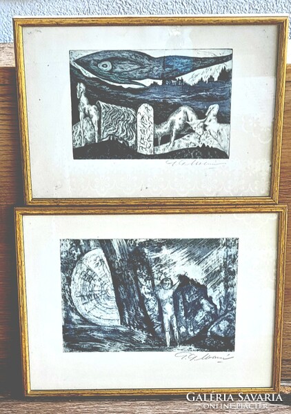 Hollóházi GYÖRGY / E.G.MOLNÁR painter's: two detailed Abstract copper engravings