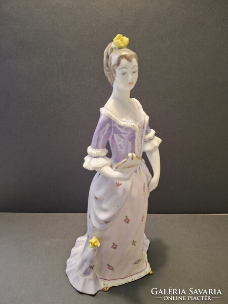 Hollóházi porcelán barokk hölgy tükörrel, 27 cm