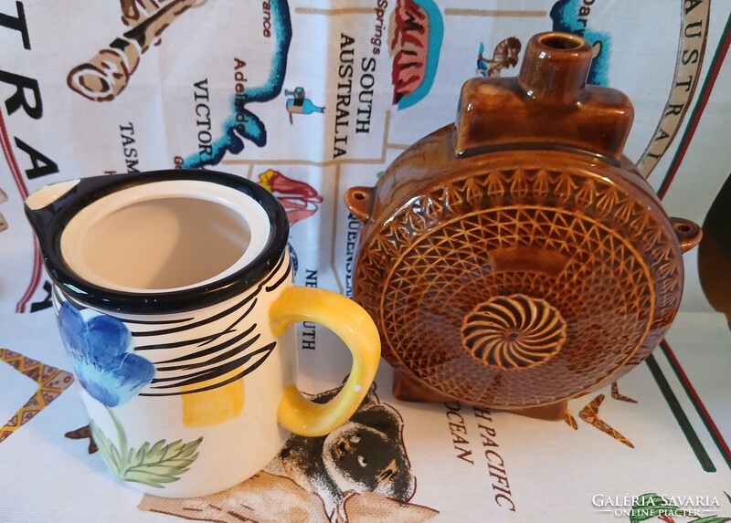 Set of 1 ceramic flask + 1 small floral ewer