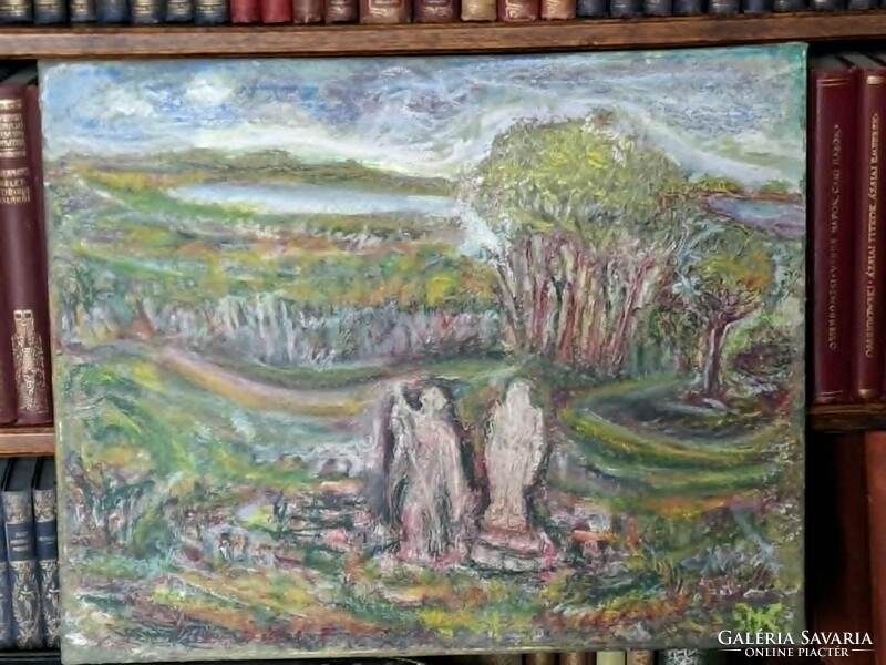 JÁK PÉTER 2026 o/v 40X 50cm " Balatoni táj a képzelet romjaival"