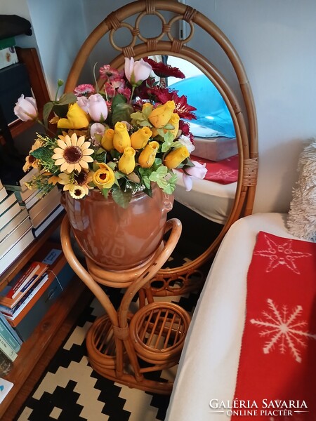 Rattan Flower Stand with Mirror and Flowers