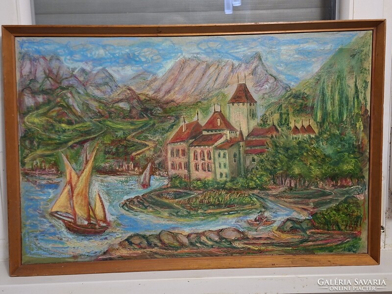 HEGYI TÓ?  KASTÉLLYAL   FESTMÉNY-OLAJ,OLAJ-PASZTELL  70X45 cm restaurált