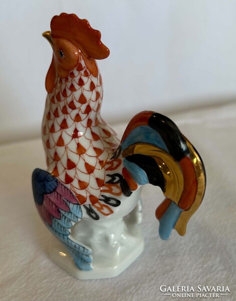 Herendi narancs pikkelyes, aranyozott kakas porcelán figura - 15014 - kézzel festett - 11 cm