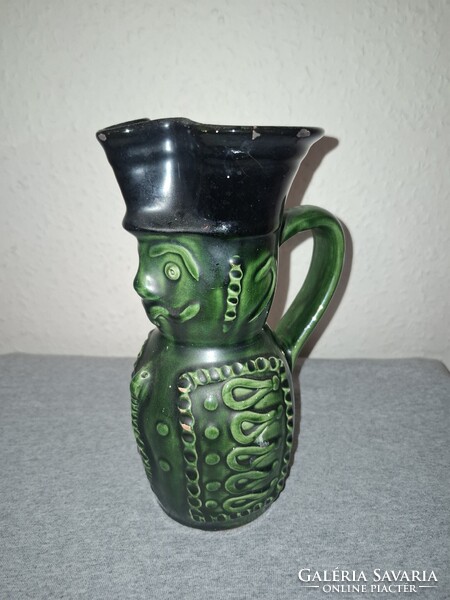 Old green-glazed Miska jug with traditional Hungarian ceramics, featuring snake and wine motifs - folk ceramics