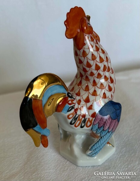Herendi narancs pikkelyes, aranyozott kakas porcelán figura - 15014 - kézzel festett - 11 cm