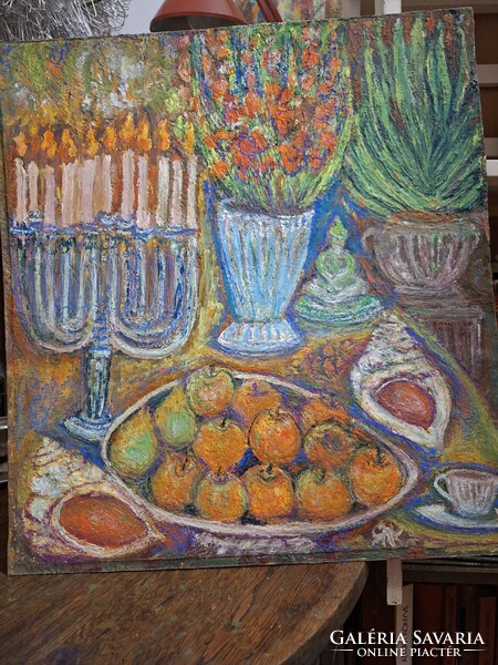 JÁK PÉTER 2025 o/v 49X54 cm "GYERTYÁS CSENDÉLET CSIGÁKKAL"