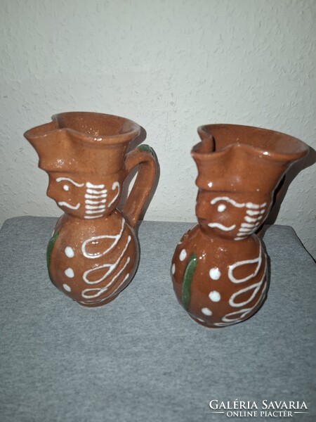 Old Brown Glazed Miska Jug Pair with Green and Brown White Glazed Serpent-Wine Jugs - Folk Ceramics